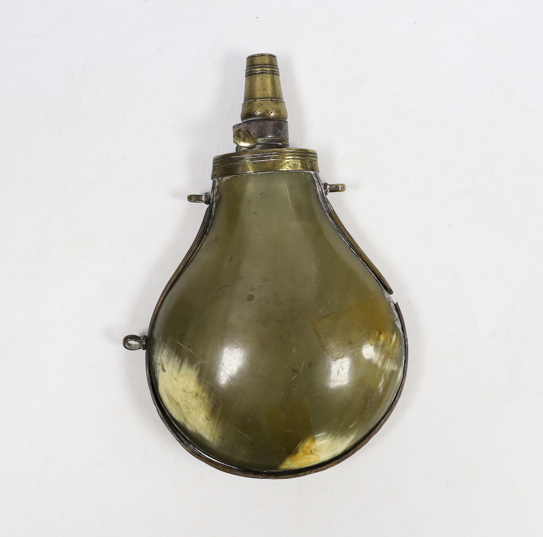 A Scottish brass and horn shot flask (a.f.)